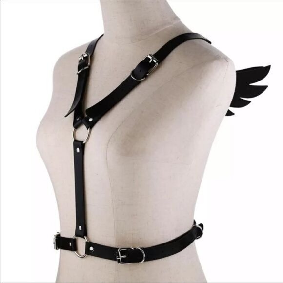 BLACK Leather Harness Angel Wing Garter Belt Waistband Slave Fetish Bondage BDSM - Picture 4 of 6